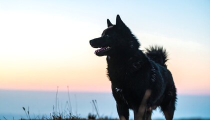 Silhouetted black dog stands alert against a pastel sunset