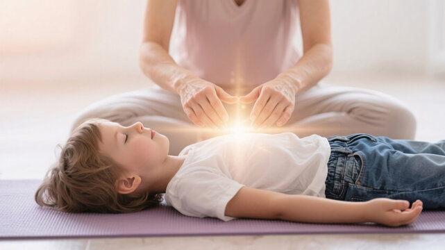 Reiki therapy for children with practitioner’s hands radiating aura light above child’s heart, symbol of gentle healing, calm balance and natural wellness