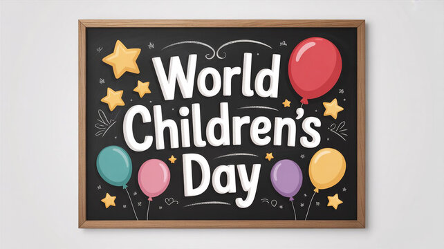 World childrens day celebration on chalkboard with balloons and stars, a festive design for greeting cards, posters, and banners, perfect for holiday events and joyful childhood memories