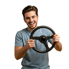 Young man smiling while holding and turning a car steering wheel transparent PNG, driving gesture clipart
