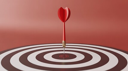 A single red dart lands perfectly in the bullseye center, a powerful metaphor for business success, achieving goals, precision marketing strategy, and hitting the target audience