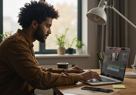 A young man edits a video on a laptop at his desk at home in natural light.
