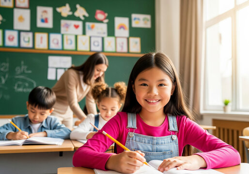 Happy Asian Student in Classroom
