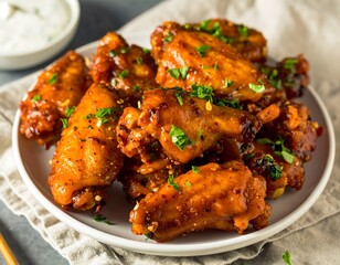 Fototapeta premium A plate piled high with crispy, flavorful chicken wings, generously garnished with fresh herbs.