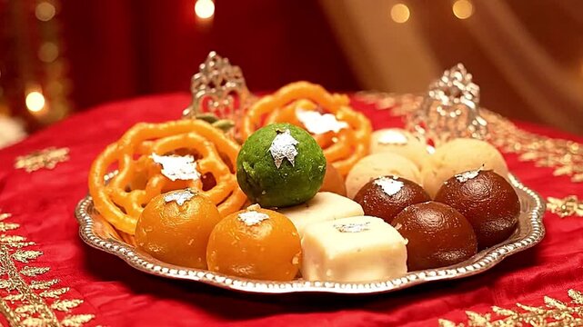 Hand reaching for a tray of sweets including jalebi gulab jamun and burfi adorned with silver leaf on a red cloth