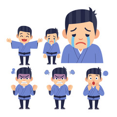 Fototapeta premium Japanese man vector set in flat design with happy, sad, angry, and surprised moods. Clean modern style, ideal for apps, websites, branding, and digital projects.