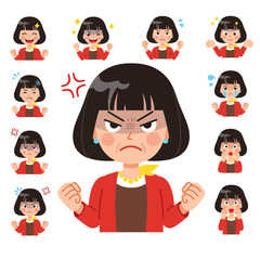 Japanese woman vector set with happy, sad, angry, and surprised moods. Clean flat design, perfect for apps, web, and creative digital projects.
