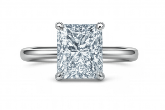 Sparkling princess-cut diamond solitaire ring gleaming with refined luxury against pristine translucent surface