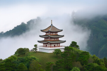 A tranquil pagoda surrounded by mist and greenery, encouraging children to learn about heritage and environmental harmony.
