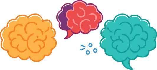 Illustration of a brain surrounded by multiple speech bubbles, symbolizing communication and thought processes.