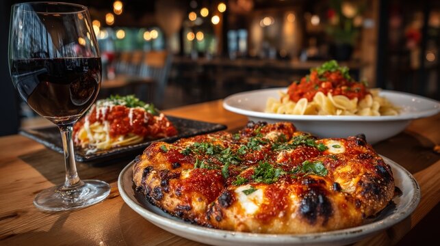 A delicious pizza and pasta dish served with a glass of red wine on a wooden table in a cozy restaurant setting