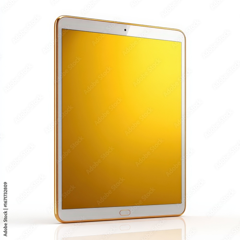 Poster modern gold tablet computer with yellow screen isolated on white background mockup for app presentat