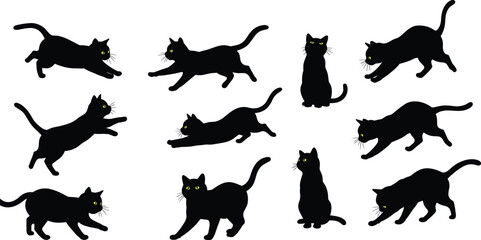 Black cat silhouettes, cute kittens, playful cats, running, jumping, sitting, walking, cartoon pets, domestic animals, Halloween theme, vector illustration design