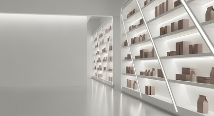 Obraz premium Minimalist interior featuring illuminated shelves displaying various boxes and containers in a bright, clean and modern space.
