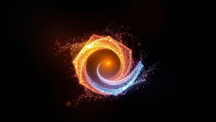 Abstract swirling vortex of orange and blue light against a dark black background style design art