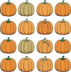 A Collection of 12 Illustrated Pumpkins in Various Shades of Orange and Green