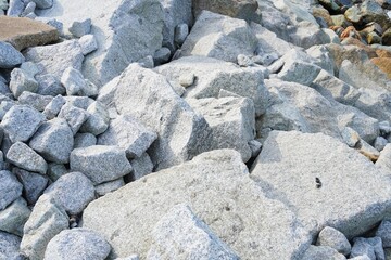 The texture of rocks at the beach estuary to act as a barrier against coastal wave erosion. Serene Coastal Landscape with Rocky Shore and Clear Blue Water. 