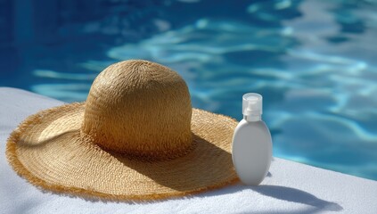 Straw sun hat and sunscreen by a pool.