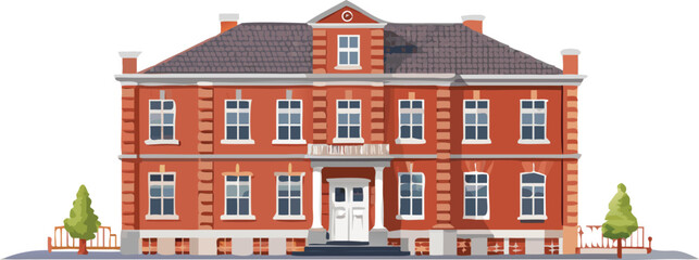 Illustration of a large red brick building with multiple windows and a prominent entrance.
