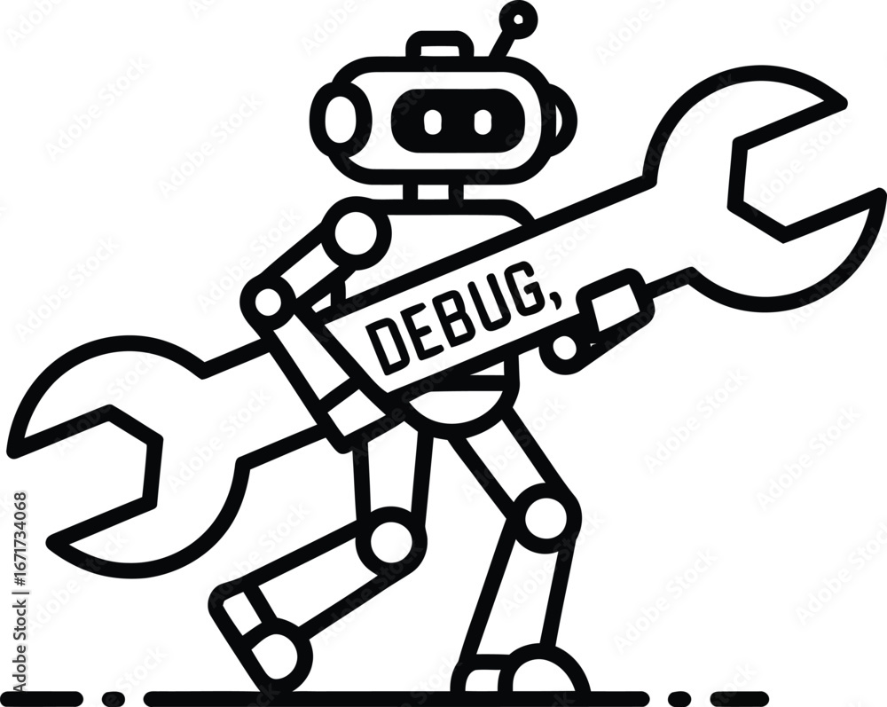 Poster robot debugging software code with wrench vector illustration