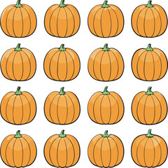 A Pattern of Orange Pumpkins with Green Stems on a White Background