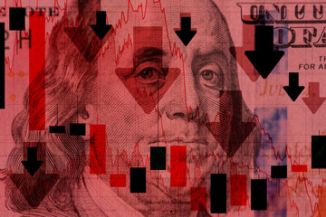 American dollar with red charts and tables, market fall and collapse, concept. World crisis, creative idea. us dollar against the background of a declining chart. U.S. economy. The economic crisis
