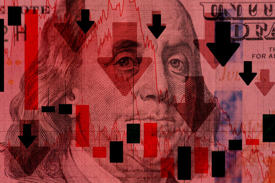 American dollar with red charts and tables, market fall and collapse, concept. World crisis, creative idea. us dollar against the background of a declining chart. U.S. economy. The economic crisis
