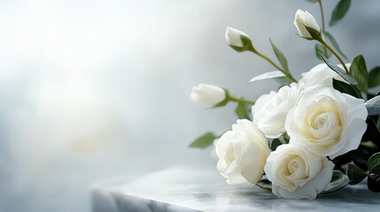 Beautiful white flowers, roses, over marble background. Bouquet of flowers at cemetery , funeral concept.