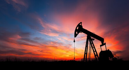 An oil pumpjack silhouette against a vibrant, fiery sunset sky