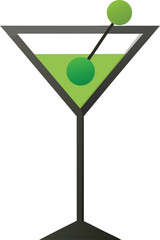 A martini glass filled with a clear drink, topped with a single green olive.