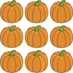 Nine Orange Pumpkins with Green Stems Arranged in a Grid Pattern