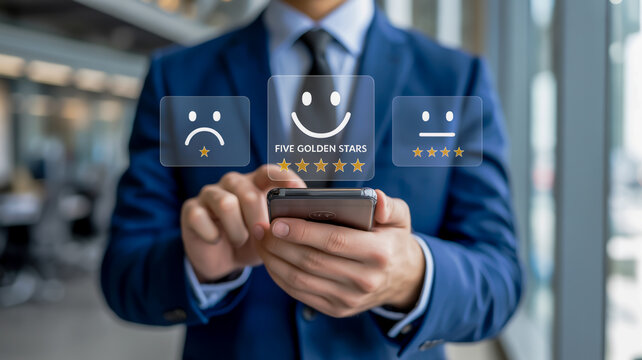 Person in blue suit using smartphone with customer feedback survey showing happy face and five stars