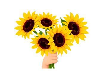A Perfect Touch of Nature: This Fresh New Vector Illustration Shows a Cluster of Sunflowers Held in a Hand, Ideal for Invitations and Digital Art.