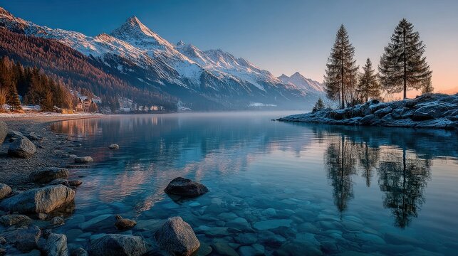 Serene mountain lake reflecting snowcapped peaks and evergreen trees at sunrise, with clear blue water and rocky shore - Powered by Adobe