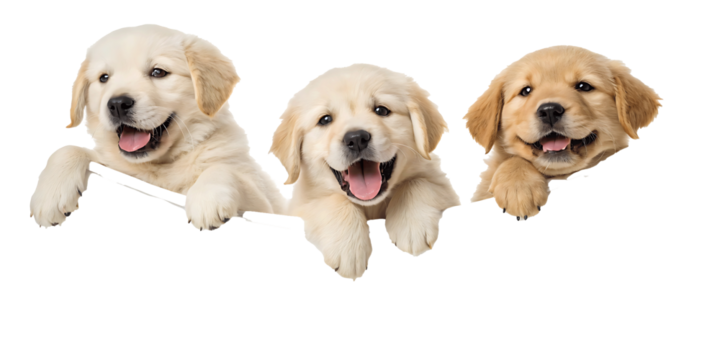 Adorable Trio of Golden Retriever Puppies Smiling on Isolated Background Demonstrating Puppy Love and Canine Charm Perfect for Pet Themed Projects