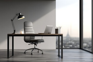 Modern office desk with laptop, chair, and lamp, overlooking a city view through a large window