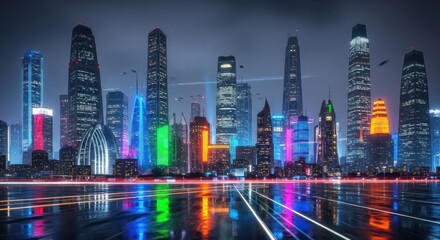 Futuristic Metropolis Skyline with Vibrant Illumination and Liquid Reflections Capturing Modern