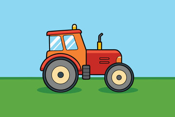 A cartoon tractor sits in a vibrant green field under a clear blue sky.