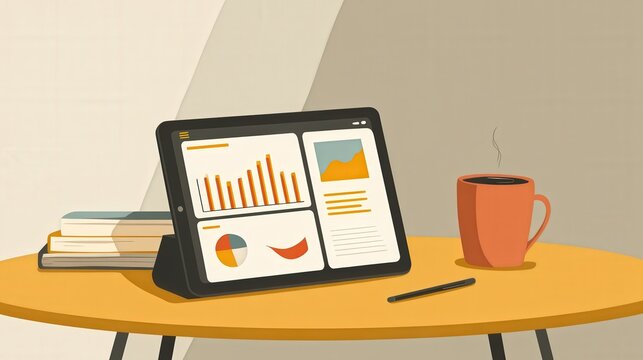 Tablet displaying financial charts and graphs on a table with books and a coffee cup, representing business analytics and data visualization