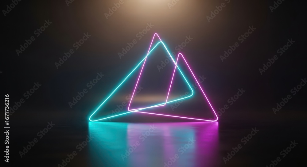 Fototapete illuminated geometric display with cyan and magenta triangular neon lines on a glossy surface