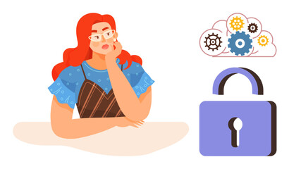Red-haired woman in glasses thinking, gears in cloud representing ideas and innovation, padlock indicating security and protection. Ideal for brainstorming, innovation, privacy, cybersecurity