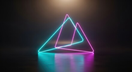 Illuminated geometric display with cyan and magenta triangular neon lines on a glossy surface