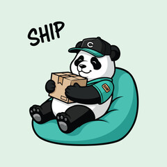 Cute cartoon panda character delivering a package wearing a delivery uniform and cap.
