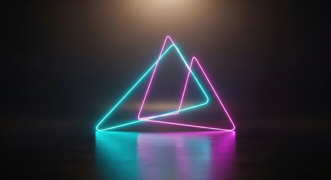 Illuminated geometric display with cyan and magenta triangular neon lines on a glossy surface
