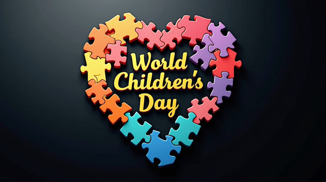 A heart shape formed by colorful puzzle pieces on a dark background, symbolizing world childrens day, representing the interconnectedness of childrens rights and the importance of global unity