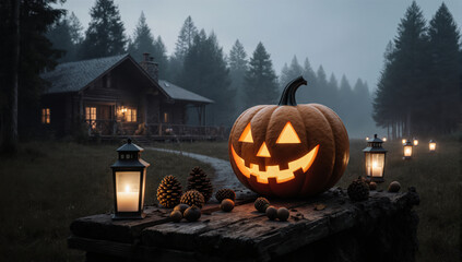 Halloween enchantment with a luminous path. The oversized jack o lantern and secluded lodge are ideal for festive wellness.