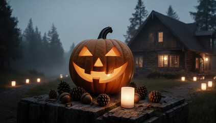 A single pumpkin and a forest lodge. The scattered acorns and pine cones add a cozy natural touch to the Halloween scene.