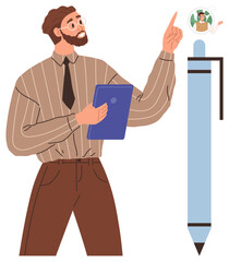 Bearded man holding tablet, pointing to virtual chat icon, next to oversized digital stylus pen. Ideal for technology, virtual communication, digital tools, education, remote work, innovation simple