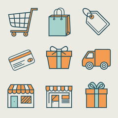 Illustration of shopping elements including a cart bag tag credit card and delivery truck icons