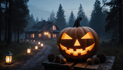 A mystical Halloween scene with a lodge. The luminous path and natural fog add to the enchanting and eerie elegance of the photo